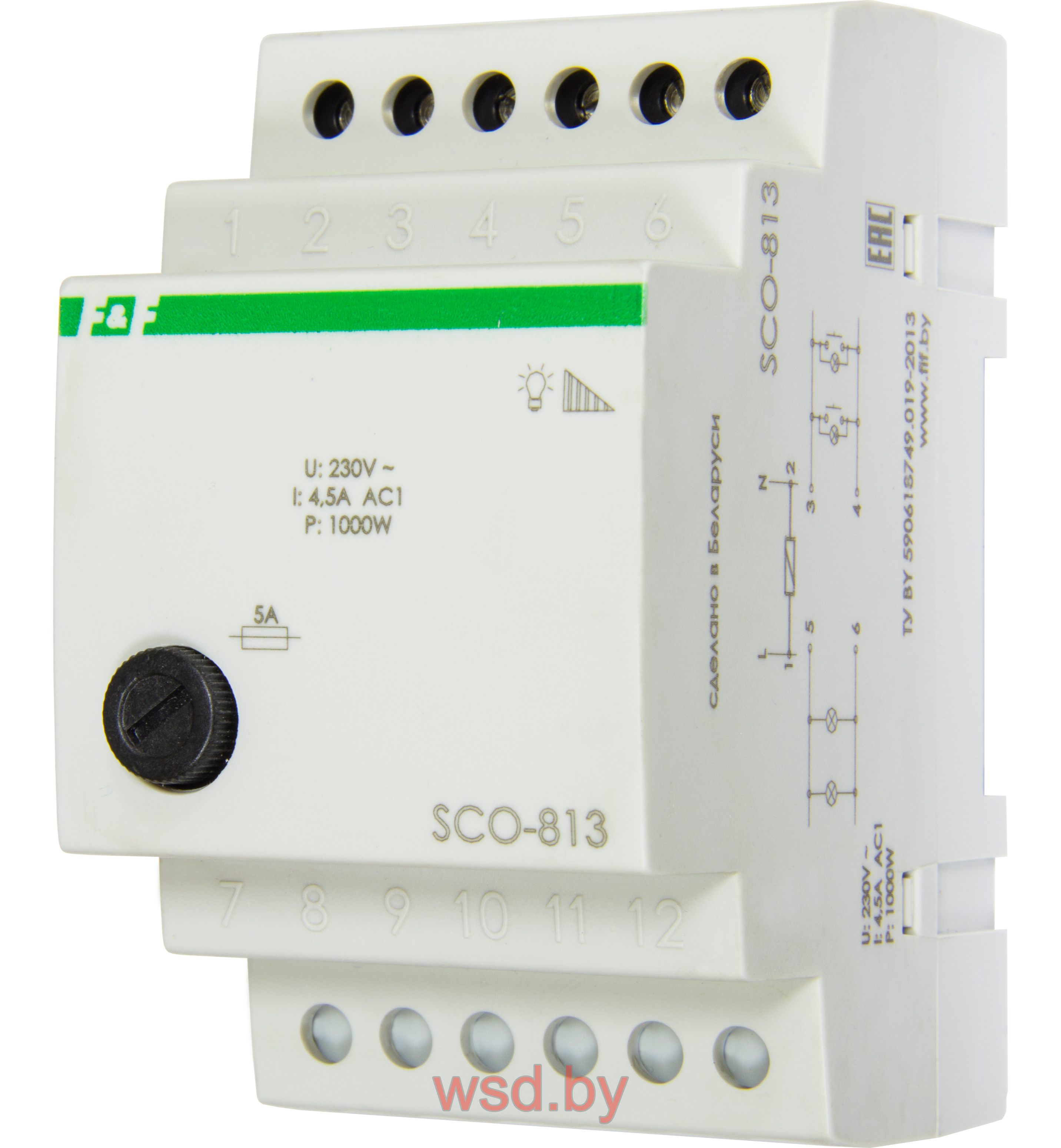 SCO-813 регулятор яркости освещения для ламп накаливания мощность до 1000Вт, 3 модуля, монтаж на DIN-рейке 230В AC 4,5А IP20